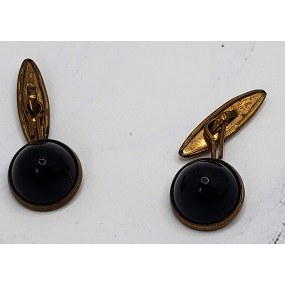 Vintage Brass Tone with Black Stone Slant Arm Cufflinks - Picture 1 of 5